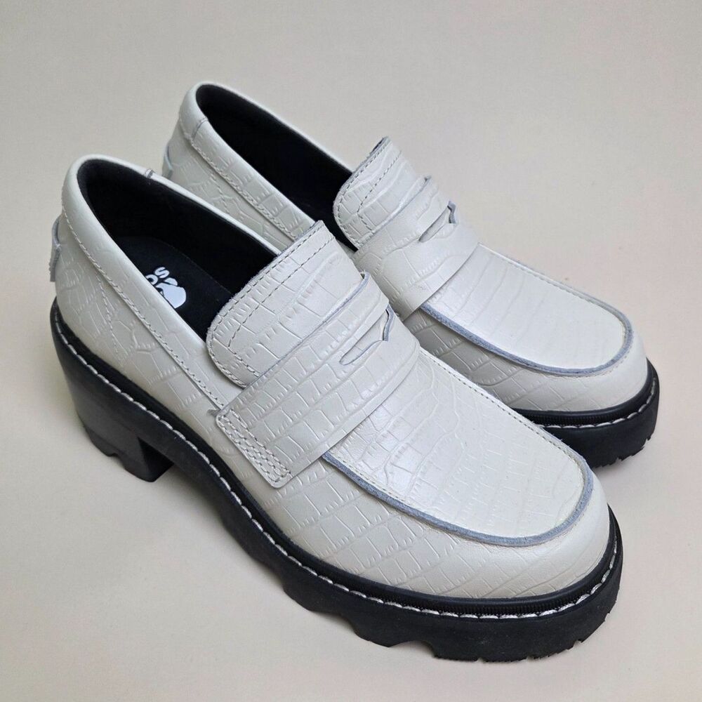 Sorel Joan Now City Loafer Chalk Black Platform Lug Sole Croc Embossed Size 7